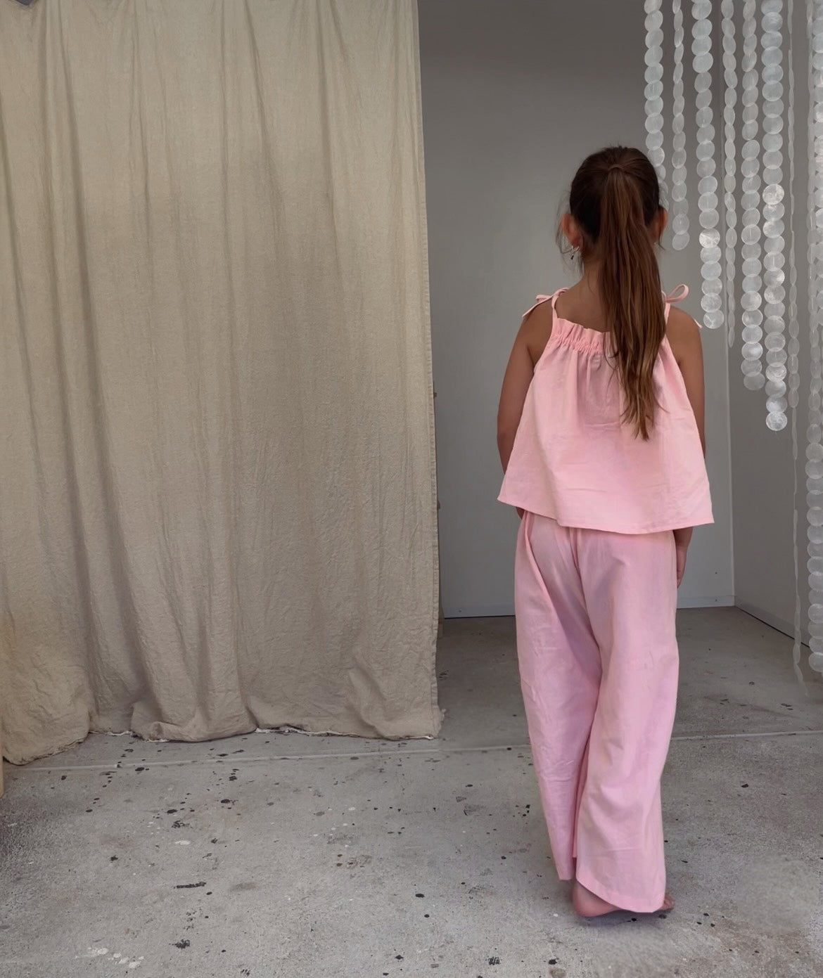 Kids Flow Top and Long Pants Set - Peach Pink Ramie Linen
