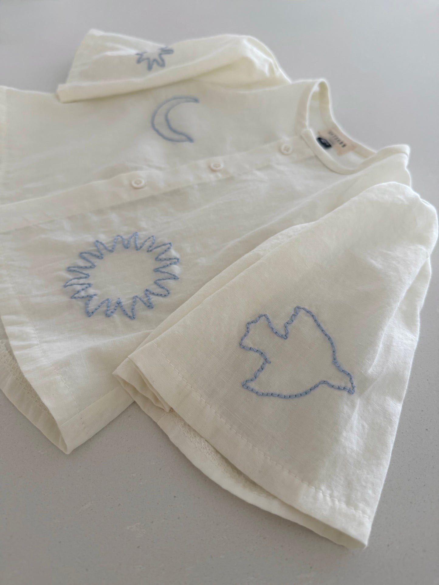 Gathered Short Sleeve Blouse -  Sky Blue Embroidery