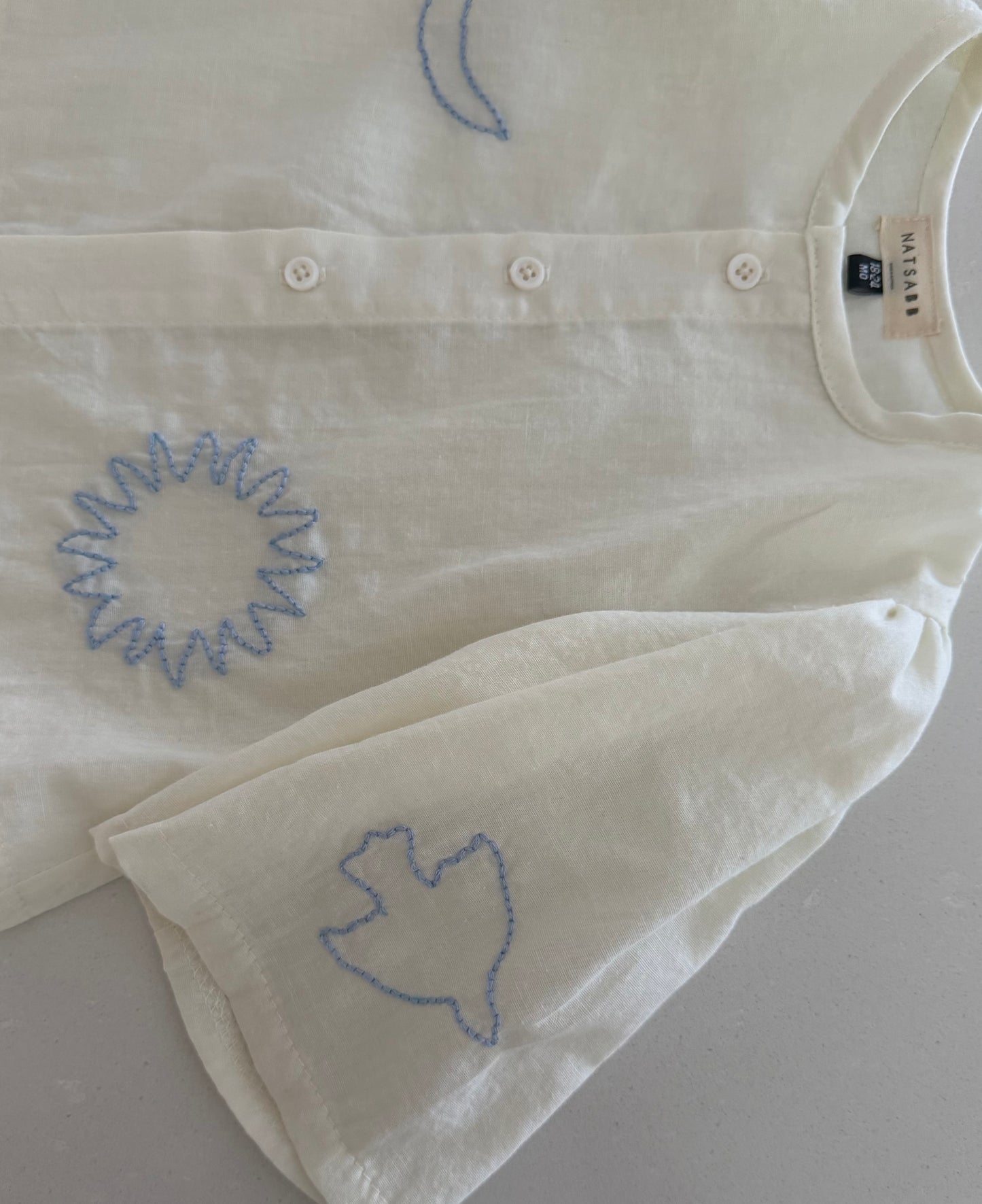 Gathered Short Sleeve Blouse -  Sky Blue Embroidery