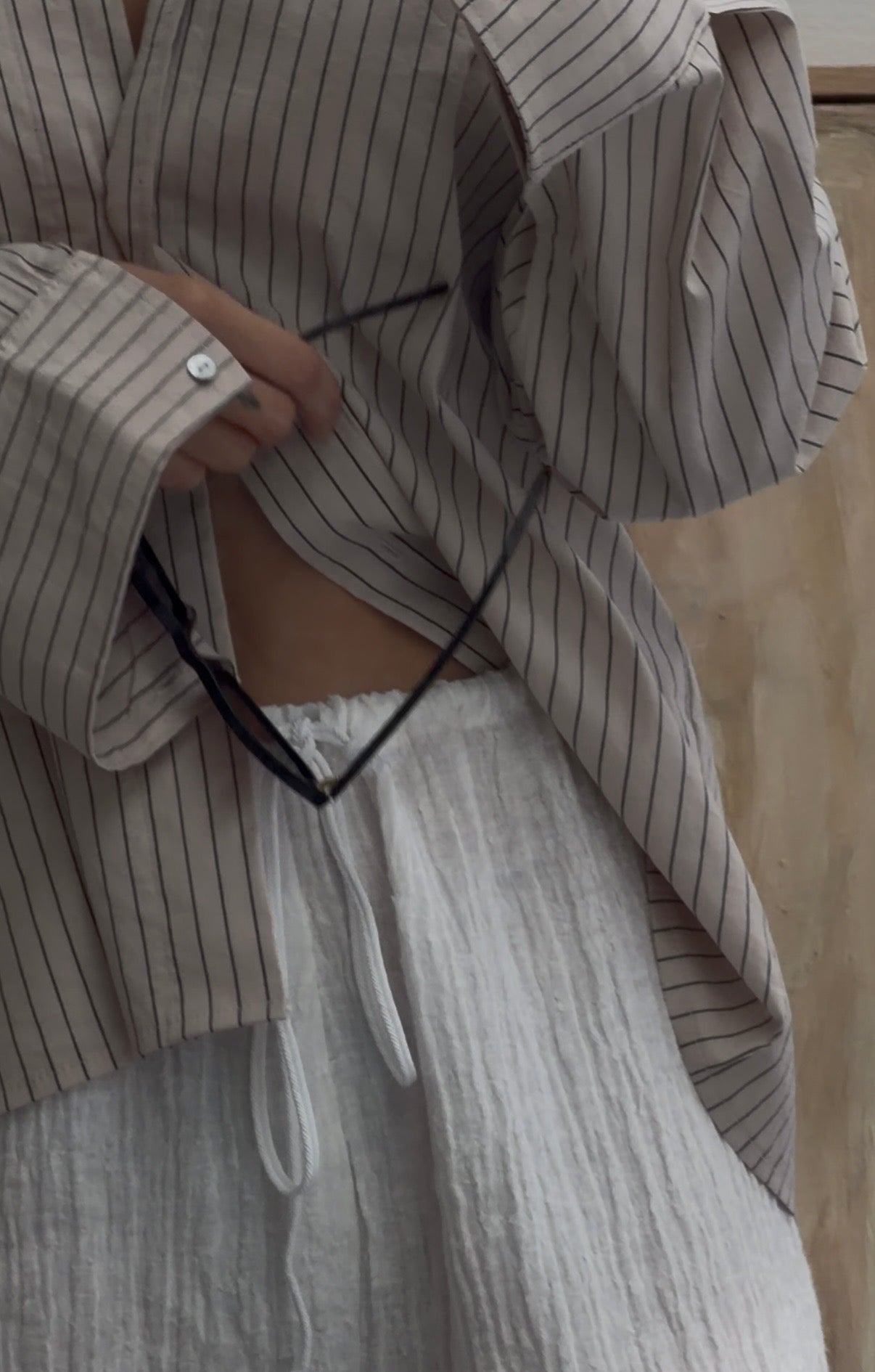 Collared Button Up Long Sleeve Shirt -  Beige and Navy Pinstripe