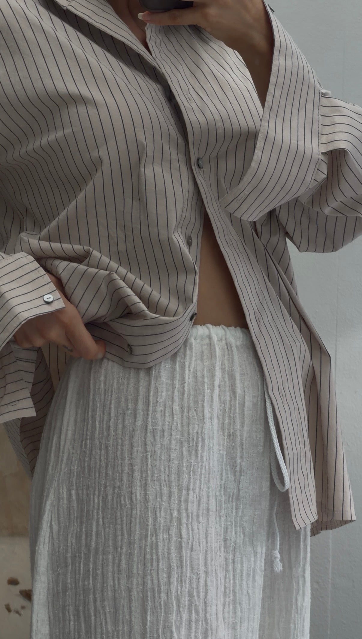 Collared Button Up Long Sleeve Shirt -  Beige and Navy Pinstripe