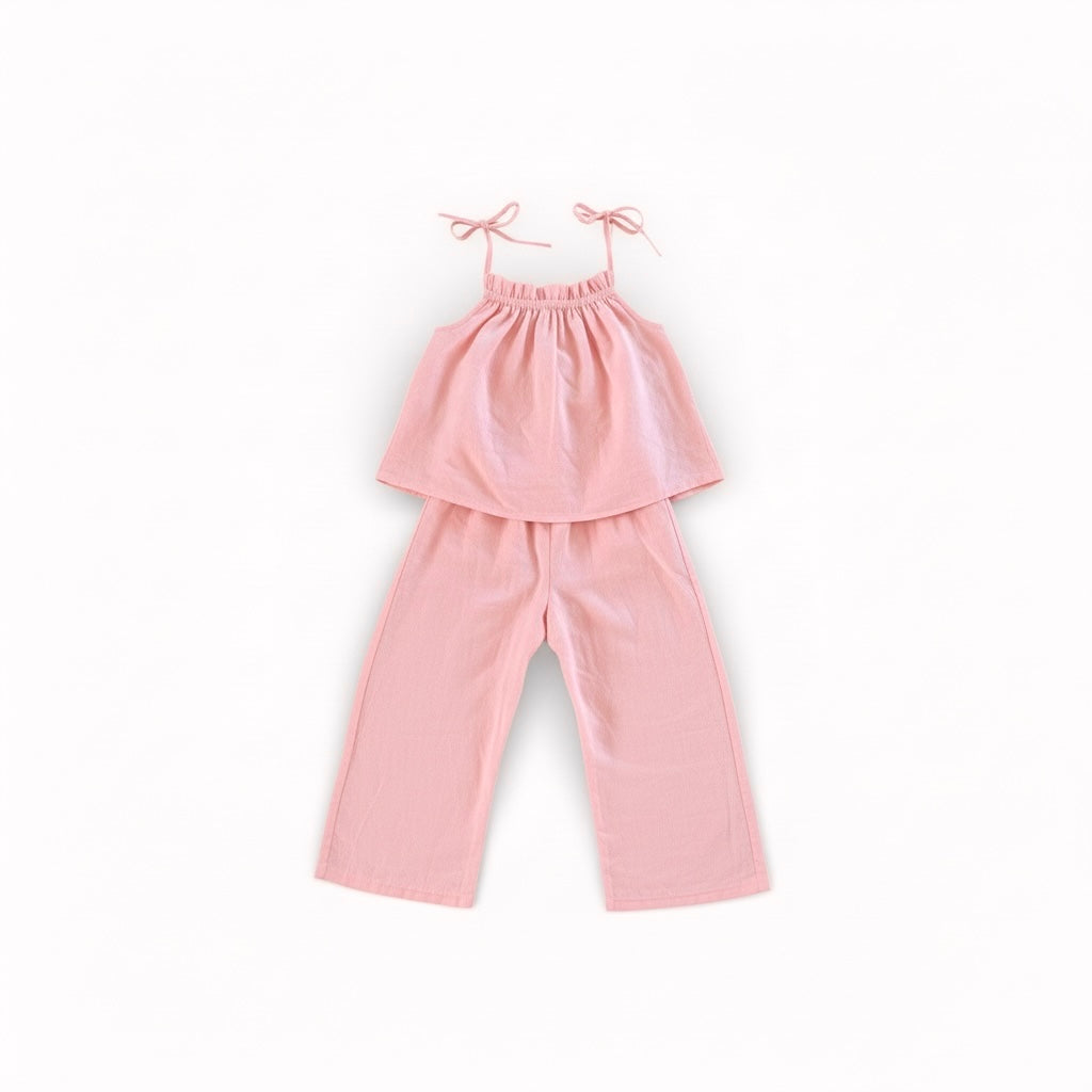 Kids Flow Top and Long Pants Set - Peach Pink Ramie Linen