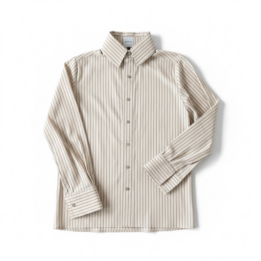Collared Button Up Long Sleeve Shirt -  Beige and Navy Pinstripe