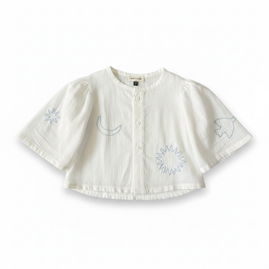 Gathered Short Sleeve Blouse -  Sky Blue Embroidery