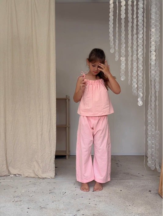Kids Flow Top and Long Pants Set - Peach Pink Ramie Linen